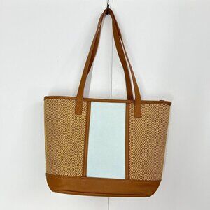 Thirty-One Little Dreamer Natural Straw Light Blue Middle Stripe Summer Tote Bag